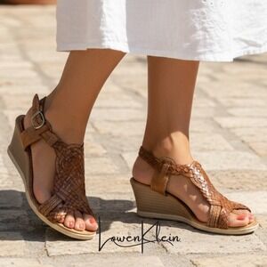 Chance Es Arias huarache Brown Leather‎ Woven Wedge Sandals Espadrille Size 9
